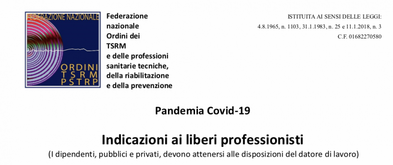 Circolare Covid-19 – INDICAZIONI AI LIBERI PROFESSIONISTI